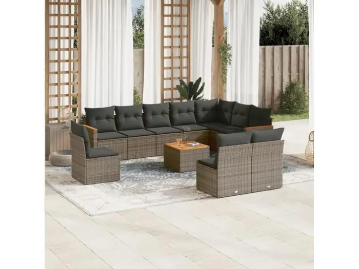 11-delige Loungeset met kussens poly rattan grijs