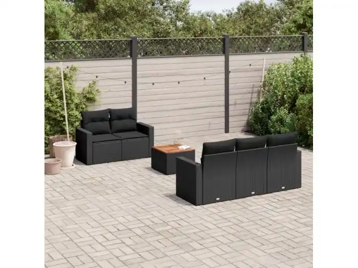 6-delige Loungeset met kussens poly rattan zwart