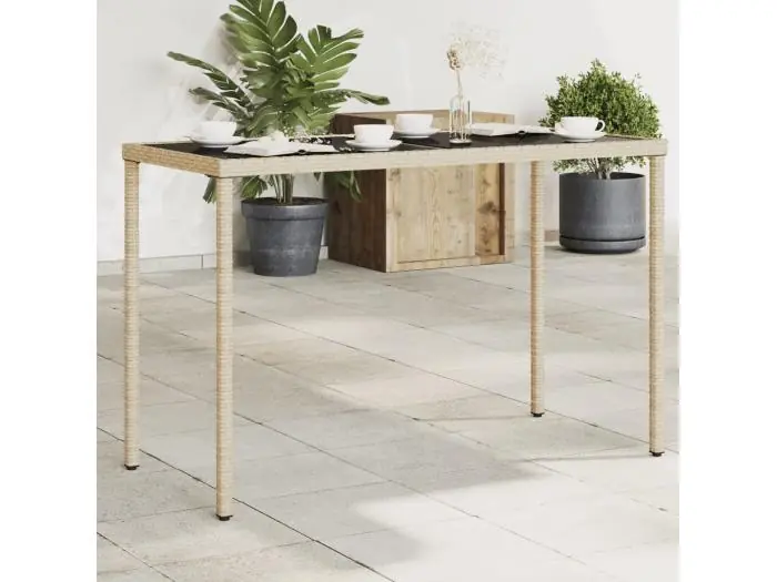 Tuintafel met glazen blad 115x54x74 cm poly rattan beige