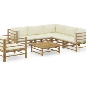 7-delige Loungeset met cr??mewitte kussens bamboe