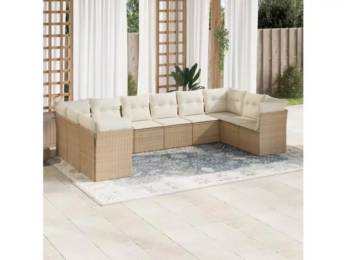 10-delige Loungeset met kussens poly rattan beige