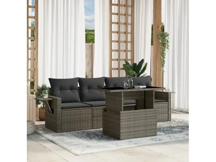 5-delige Loungeset met kussens poly rattan grijs