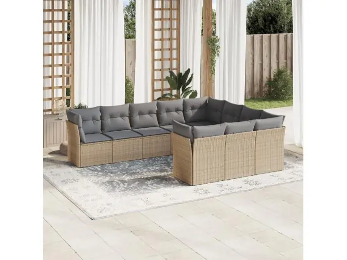 10-delige Loungeset met kussens poly rattan beige