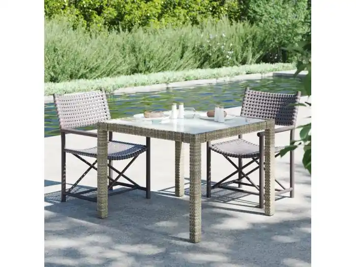 Tuintafel 90x90x75 cm gehard glas en poly rattan grijs