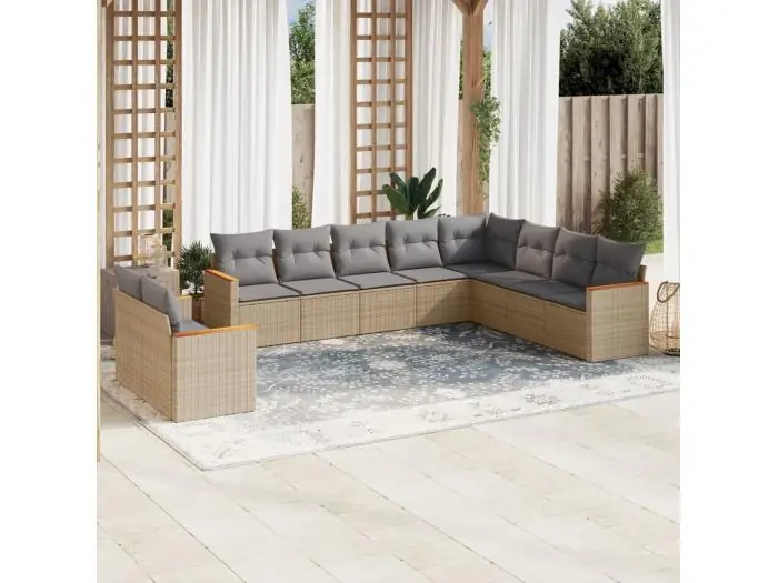 10-delige Loungeset met kussens poly rattan beige