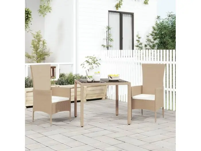Tuintafel met glazen blad poly rattan en gehard glas beige