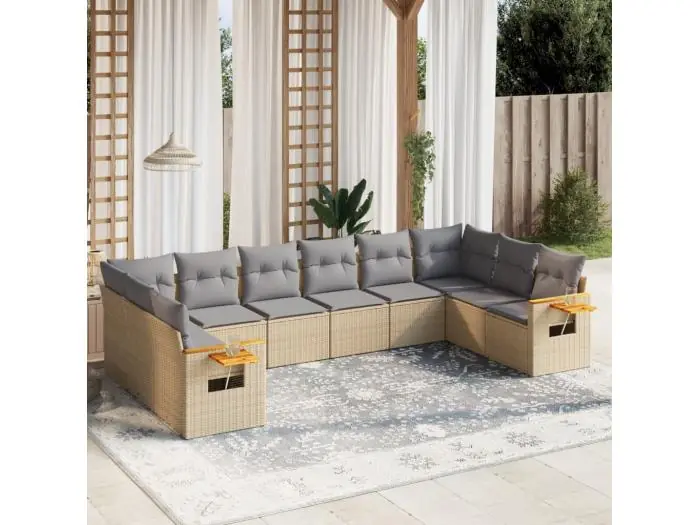 10-delige Loungeset met kussens poly rattan beige