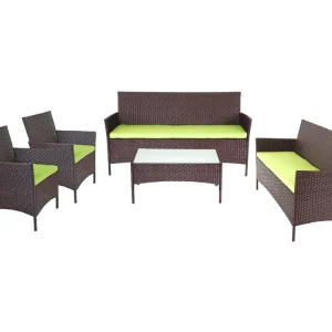 3-2-1-1 Polyrotan set Hamar,bruin-gemarmerd, kussens groen