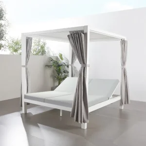 Tuinbed voor 2 personen CORDOUE Wit/Lichtgrijs - Verstelbare rugleuning en gordijnen voor privacy - Aluminium frame