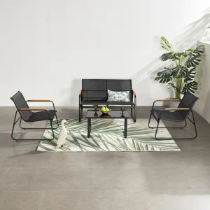 Loungeset 4 Plaatsen Zwart AURORA van Staal en Polyester met Houten Details