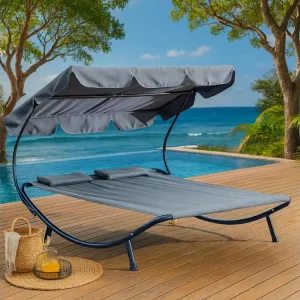 Ligbed voor 2 Personen Grijs ALOHA met Zonnescherm en Afneembare Kussens