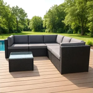 Loungeset 5-Zits van Zwart en Grijs Vlechtwerk met Salontafel van Gehard Glas