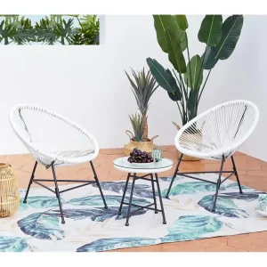 Loungeset 2 Ei-vormige Fauteuils + Lage Tafel Wit Mexicaans Design ACAPULCO Retro van Epoxy Gecoat Staal