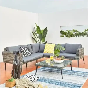 Lage tuinset met 5 zitplaatsen van hars en staal TEFARI - Scandinavische stijl, bestand tegen weer en wind