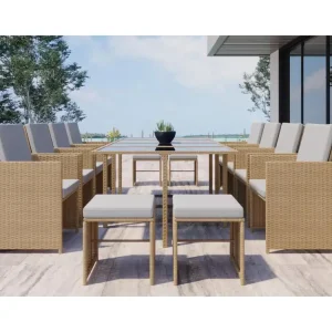 Loungeset voor 12 personen van natuurlijk gevlochten hars FLORIDA - Eigentijds design, 12 personen, afneembare kussens, inbouwbaar