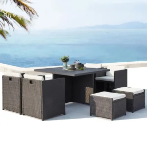 Loungeset 8 Plaatsen van Vlechtwerk en Aluminium Grijs/Wit Sunset