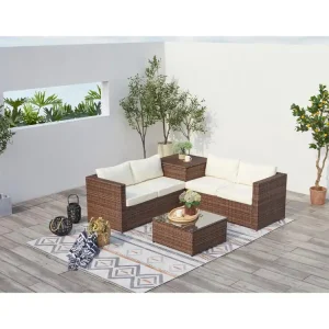 Loungeset voor 4 personen van bruin/wit gevlochten kunsthars met ge?ntegreerde opbergbox - Comfortabel en trendy