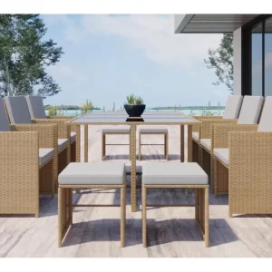 Loungeset voor 10 personen van natuurlijk vlechtwerk FLORIDA - Elegant design, 10 personen, afneembare kussens, gemakkelijk te onderhouden