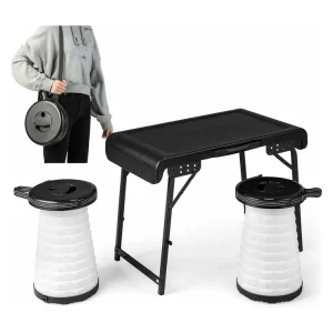 Draagbare klaptafel met 2 led-telescoopkrukken, campingtafel en in hoogte verstelbare kruk, campingkruk, klapkruk, voor kamperen,reizen, vissen ZB33380
