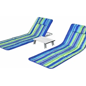 Set van 2 strandmatten met bijzettafel, hoofdkussen en opbergvak, ligmat, opvouwbare zonmat, licht, draagbaar, strandstoel voor het strand (groen) ZB32435