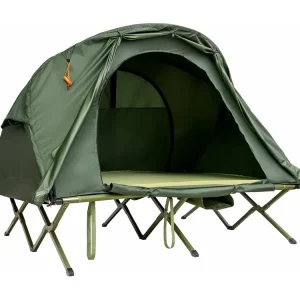 2-Persoons Kampeerbedje tent, 4-in-1 opvouwbaar tentbed met buitenhoes, draagbare verhoogde tent voor schoenen en lamphaak voor buitengebruik (Groen)ZB32374