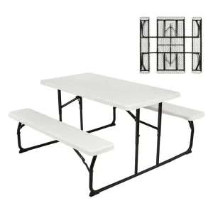 Inklapbare picknicktafel met banken, 136 cm, campingtafelset voor buiten, biertentgarnituur, biertafelgarnituur voor terras, tuin (wit)AB92894