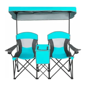 2-zits campingstoel met zonwering,mini-tafel,koeltas en bekerhouder,inklapbare visstoel,vouwstoel,klapstoel voor kamperen AB92781 (marineblauw)
