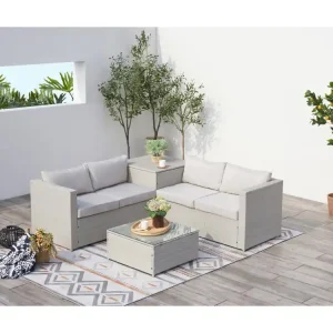 Loungeset 4-zits van lichtgrijze gevlochten hars met ge?ntegreerde opbergbox SILANG