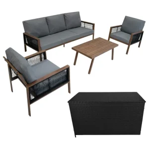 Aluminium Tuinmeubel Set 4-Delig Houteffect Rotan Opbergbox Zwart 582L