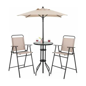 Bistrotafel met 2 inklapbare stoelen en parasol, 4-delige balkonmeubels, balkonset, tuinmeubelset, zitgroep, tuingarnituur voor tuin, balkon, zwembad, beige ZB33570