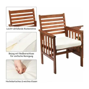 Tuinbank met tafel, 2-zits houten bank met zitkussen en parasolgat, zitbank van acaciahout, tot 350 kg belastbaar, terrasbank voor balkon AB92827