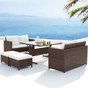 Loungeset van bruin/wit gevlochten kunsthars voor 8 personen NOUMEA