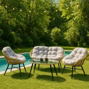 Tuinset 4 plaatsen beige EVORA met bank en fauteuils van rotan