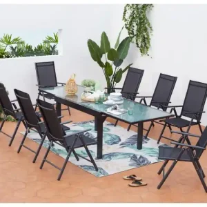 Uitschuifbare grijze tuinset van aluminium + 8 stoelen BRESCIA