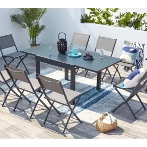 Uitschuifbare 8-persoons tuinset in donkergrijs aluminium CUALICA