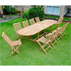 Massief teakhouten tuinset voor 10-12 personen - Ovale tafel + 10 stoelen Kajang