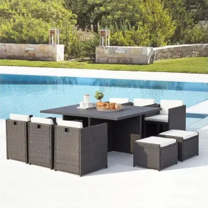 In elkaar passende tuinset met 10 plaatsen, gevlochten kunsthars en aluminium grijs/wit Sunset