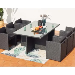 Loungeset 6 Plaatsen van Zwart Vlechtwerk Rattan Miami - Luxe, Comfortabel, Modulair, Buiten