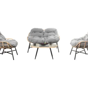 Loungeset 4-zits donkergrijs EVORA met rotan bank en fauteuils - Ovaal tafelblad van gehard glas