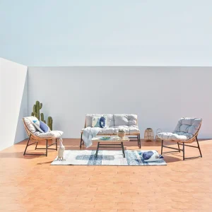 Lage 4-zits tuinset van natuurlijk rotan en staal - Guahana