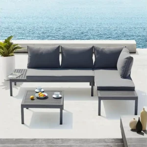 Loungeset Lolea donkergrijs van aluminium en staal - 4 zitplaatsen, 2 banken, donkergrijze kussens