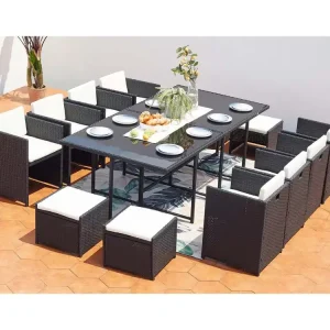 Loungeset 12 Plaatsen van Zwart/Wit Vlechtwerk - Stapelbaar Luxe Set Miami