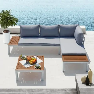 Loungeset van aluminium en wit & grijs staal LOLEA - Elegant design, afneembare kussens, 4 zitplaatsen, vierkante tafel