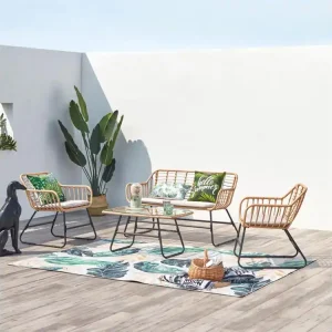 Loungeset 4-Zits van Rotan PAREA Beige en Zwart - Trendy Loungeset met Lichtgrijze Kussens