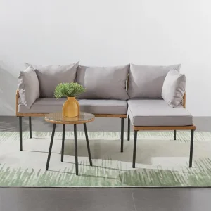 Hoek loungeset van 3 plaatsen in rotan-effect Lecce met beige kussens