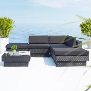 Hoek loungeset 5-zits van zwart gevlochten kunsthars AMORGOS