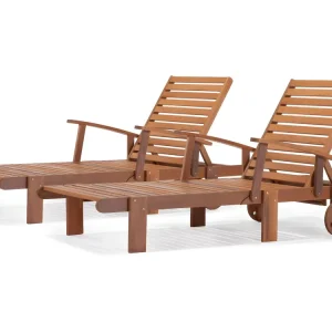 Set van 2 inklapbare ligstoelen van exotisch hout "Tokyo" met zijtafel en transportwielen - Lichtbruin
