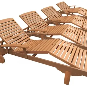 Set van 4 inklapbare ligstoelen van exotisch hout "Singapore" met wielen en verstelbare rugleuning