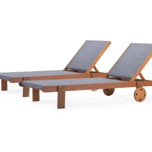 Set van 2 ligbedden van exotisch hout "Sa?gon" met 4 verstelbare posities en achterwielen voor gemakkelijk verplaatsen - Grijs