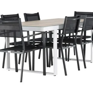 Merlo tuinmeubelset tafel 90x200cm wit, 6 stoelen zwart.